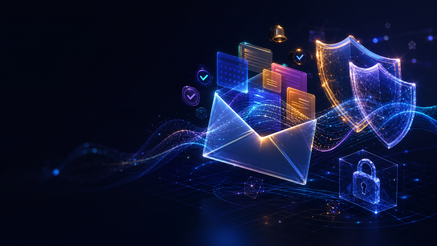 Glowing envelope surrounded by calendar, note, reminder and security symbols